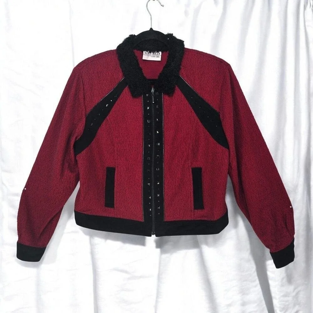 Nancy Bolen Petites City Girl Red Black Studded Skirt Suit Set Faux Fur Trim 90s